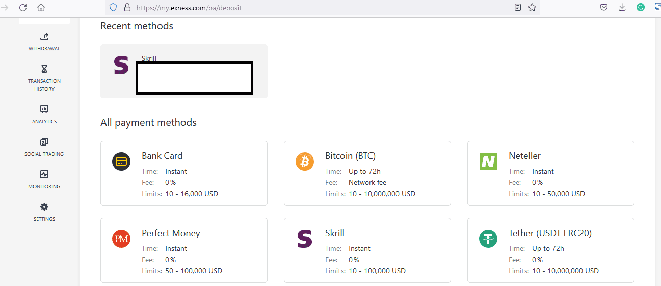 Exness platform allows you to deposit and withdraw using Perfect Money
