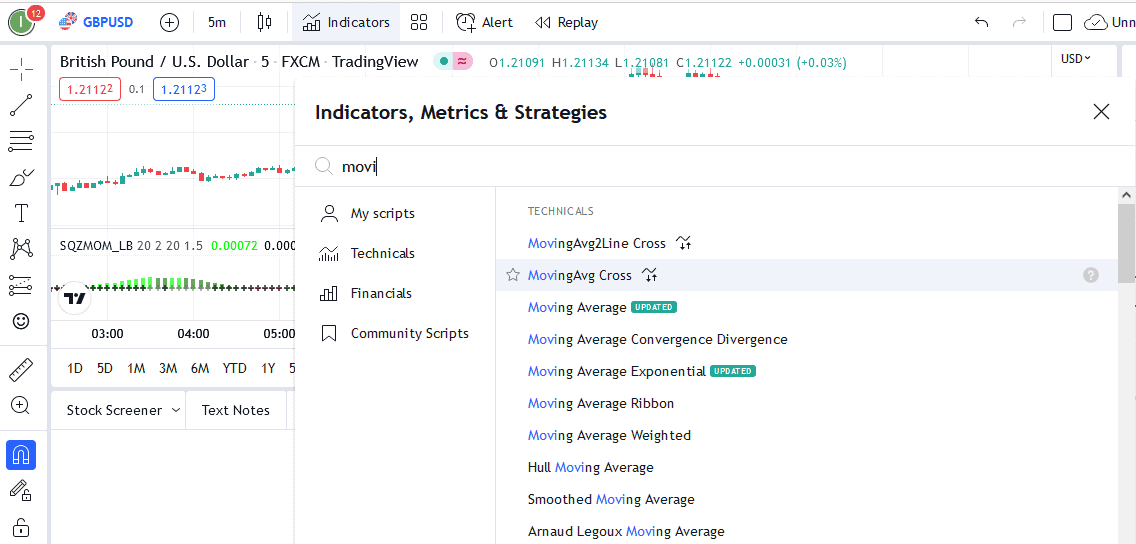 pick moving average cross strategy