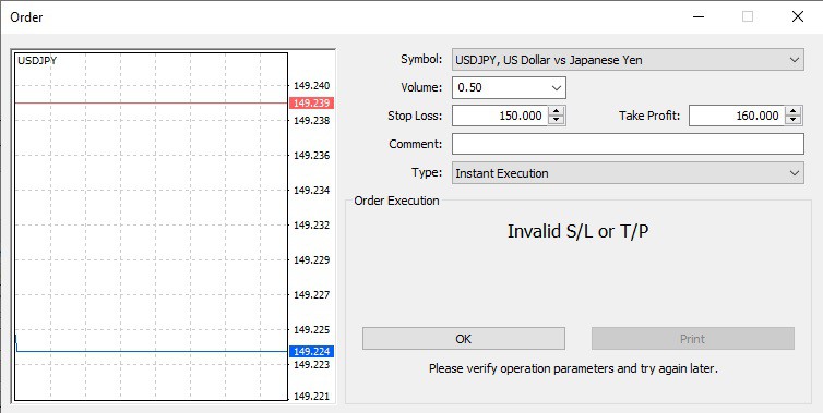 Invalid Stop Loss example in MT4