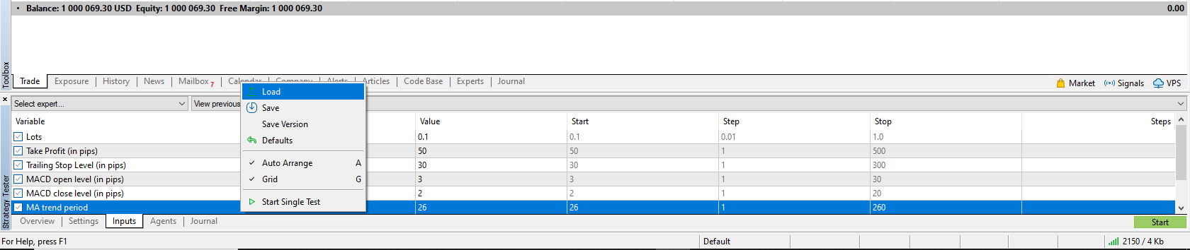 input tab in MT5 platform