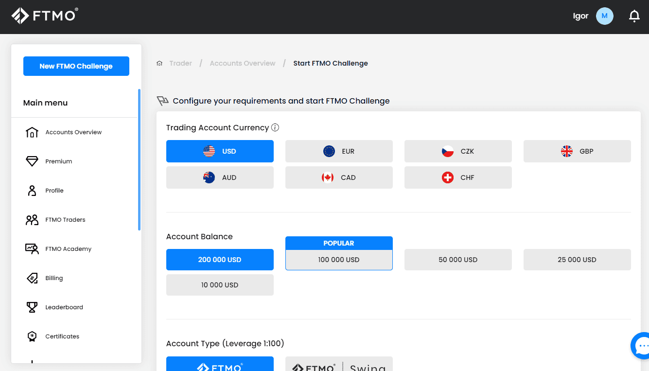 FTMO dashboard from my profile